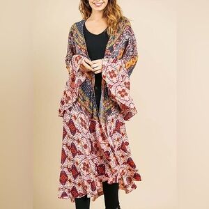 Umgee Bohemian Gypsy Duster Kimono Floral Patchwork Size S